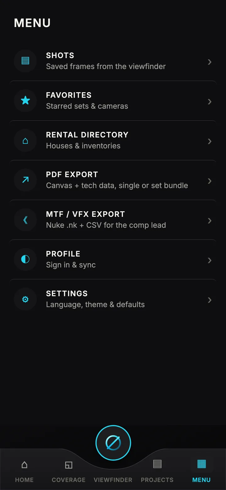 Menu with shots, favorites, rentals and exports