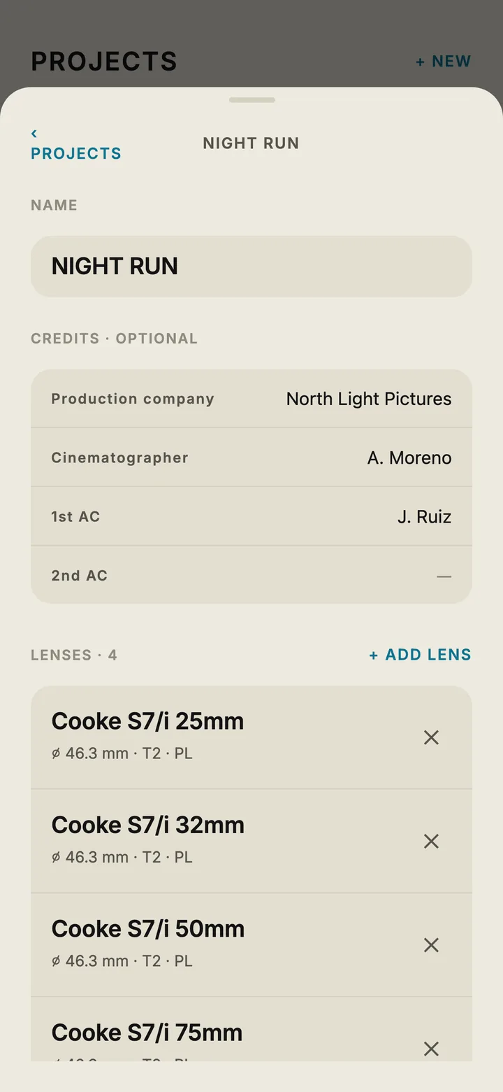 Project with credits and a Cooke S7/i lens list